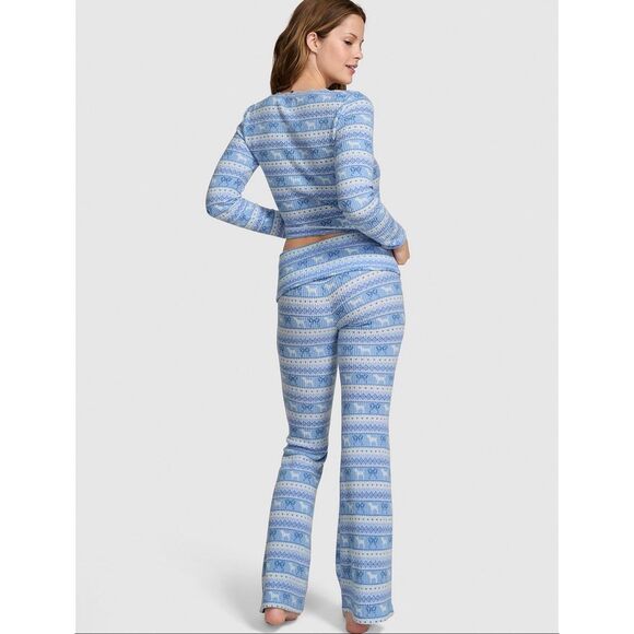NWT blue fair isle VS pink x loveshackfancy waffle long thermal pj pajama set - Picture 3 of 13